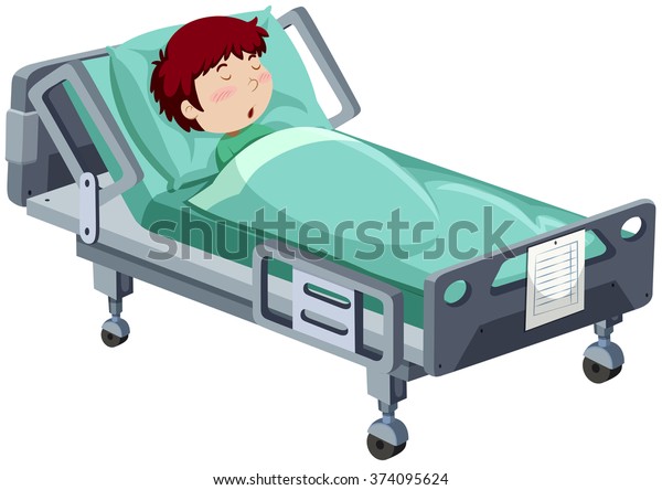 病院のベッドのイラストで病気をしている少年 のベクター画像素材 ロイヤリティフリー