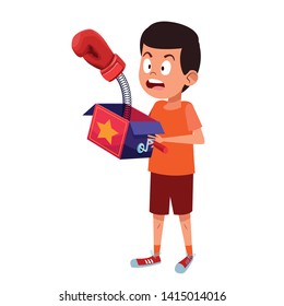 boy being surprised with joke box and a boxing glove jumping out. avatar cartoon character vector illustration graphic design.