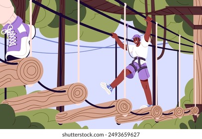 Boy with belaying climbing in rope park. Young man in helmet overcomes challenges, obstacle course. Person walks on log bridge between trees in forest. Active recreation. Flat vector illustration