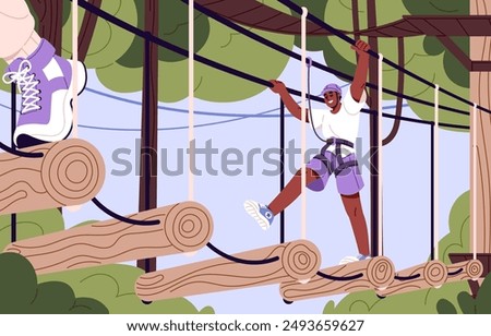 Boy with belaying climbing in rope park. Young man in helmet overcomes challenges, obstacle course. Person walks on log bridge between trees in forest. Active recreation. Flat vector illustration