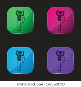Boy With Bended Leg And Arms Up four color glass button icon