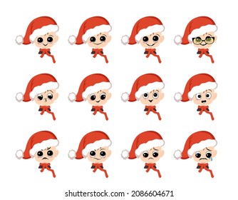 Boy with big eyes and different emotions in red Santa hat. Cute kid with joyful or sad face in festive costume for New Year and Christmas. Head of adorable child