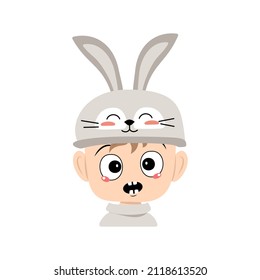 Boy with big eyes and emotions panic, surprised face, shocked eyes in rabbit hat with long ears. Child with scared expression for Easter, New Year or carnival costume for party. Vector flat