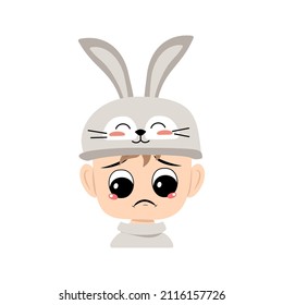 Boy with big eyes and sad emotions, depressed face, down eyes in rabbit hat with long ears. Child with melancholy face for Easter, New Year or carnival costume for party. Vector flat illustration
