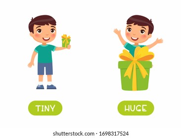 Boy with big gift box and with small gift box illustration with typography. Huge and tiny antonyms flashcard vector template. Word card for english language learning, flat character. Opposites concept