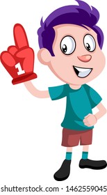 Boy with big glove, illustration, vector on white background.