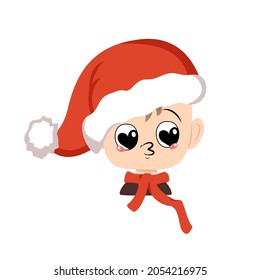 Boy with big heart eyes and kiss lips in red Santa hat. Cute kid with loving face in carnival costume for New Year, Christmas and holiday. Head of adorable child