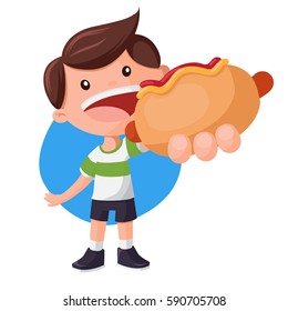Boy with big hot-dog. Fast food vector illustration
