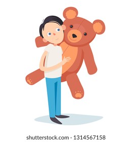 boy with big toy. holding teddy bear. Child playing with toy friend. Happy smiling boy, hugging teddy bear.