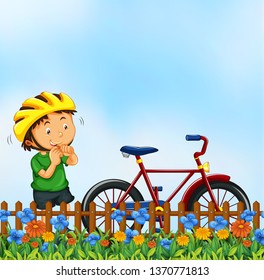 Boy with bike nature scene illustration