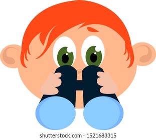 Niño con binoculares, ilustración, vector sobre fondo blanco.