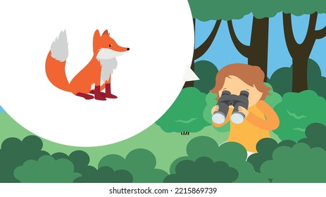 Boy with binoculars watching a fox