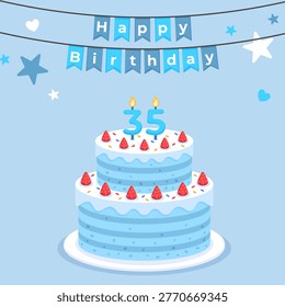 Boy birthday banner cake with candles shaped like the number 35. Illustration of a birthday cake with lit candles showing the age