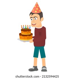 Boy with a birthday cake. Birthday celebrations, vector illustration