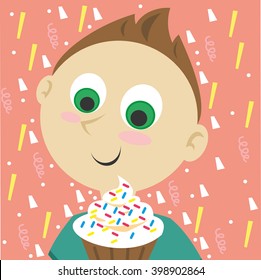 Boy with birthday cake. Vector Illustration