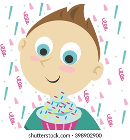 Boy with birthday cake. Vector Illustration