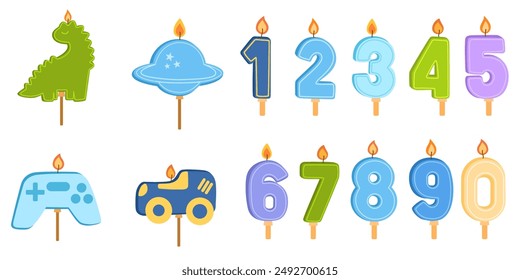 Velas de cumpleaños de niño establecidas en colores azules, velas de número, diferentes Formas. Ilustración vectorial plana aislada sobre fondo blanco