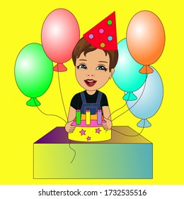 boy in a birthday cap sitting at a table on which stands a cake with candles, smiling and holding colorful balloons in his hands, vector emoticon