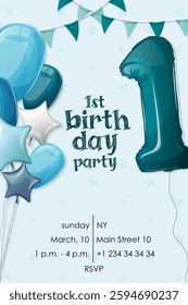 boy birthday invitation with inflatable balloons in the shape of stars and number one in blue flowers