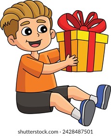 Boy with a Birthday Present Cartoon Clipart 