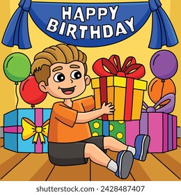 Boy with a Birthday Present Colored Cartoon 