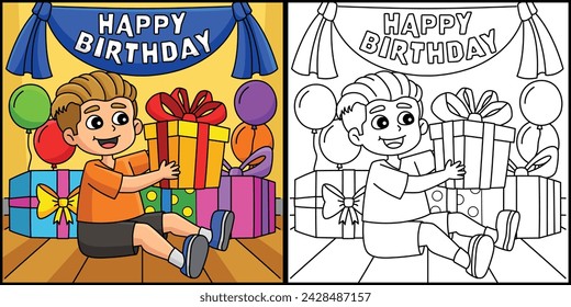 Boy with a Birthday Present Coloring Illustration