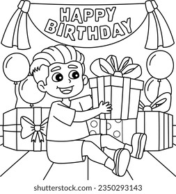 Boy with a Birthday Present Coloring Page for Kids