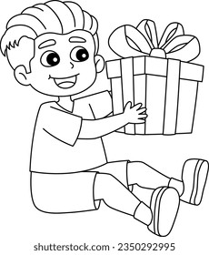 Boy with a Birthday Present Isolated Coloring Page