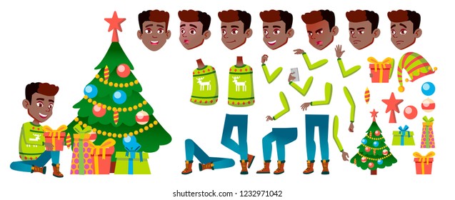 Boy Black, Afro American Vector. Christmas Child. Animation Creation Set. Happy Childhood. New Year Eve. For Web, Brochure, Poster Design. Face Emotions, Gestures. Animated. Illustration

