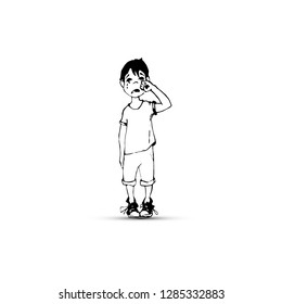 boy black contour standing on white background and crying