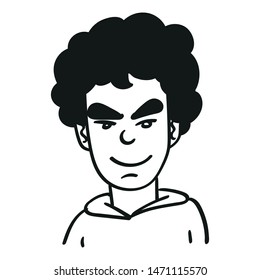 boy with black curly hair, who looks angry and laughs. outline, doodle, comic, vector.