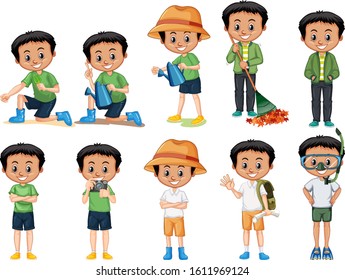 Boy with black hair doing different activities on white background illustration