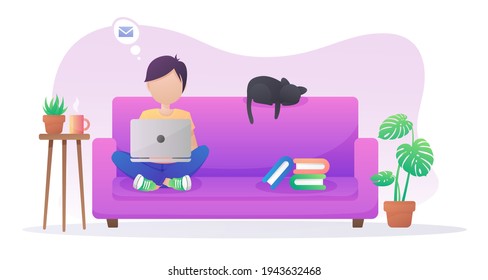 Boy with black hair sitting in purple sofa with laptop, notebook and books, plants in a pots and cup of coffee, tea, and black cat. Vector illustration isolated on white background.