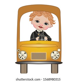 A boy in black uniform drives a toy yellow bus, holding the wheel, color clip art on a white isolated background