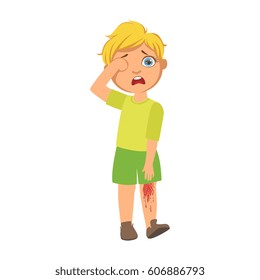 Boy With Bleeding Scratched Knee,Sick Kid Feeling Unwell Because Of The Sickness, Part Of Children And Health Problems Series Of Illustrations