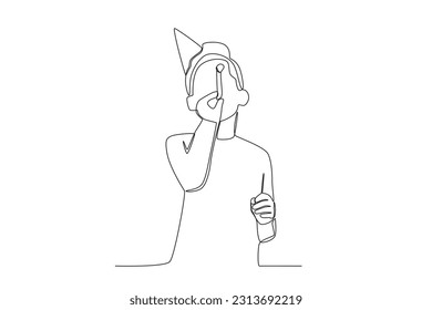 A boy blew a trumpet happily. Birthday party one-line drawing