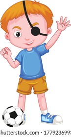 A boy blindfolded with football cartoon vector art and illustration