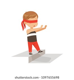 Boy blindfolded standing alone on a ladder rung vector Illustration on a white background