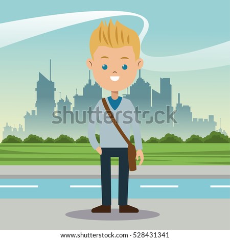 boy blond blue eyes student urban background