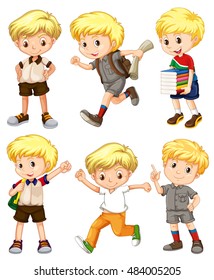 Boy With Blond Hair In Different Actions Illustration