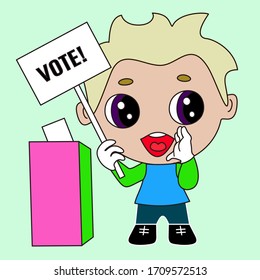boy blond stump orator with a vote banner that votes using a ballot box, simple colored emoticon, vector emoji in color