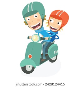 Boy and blonde boy driving a scooter. Vector Illustration.