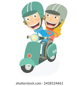 Boy and blonde girl driving a scooter. Vector Illustration.