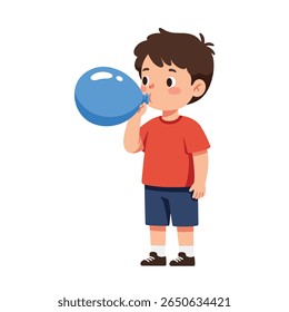 Um garoto explodindo um balão azul.