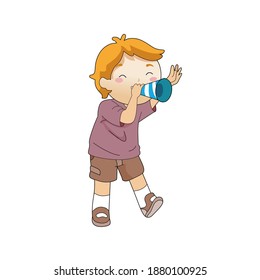 a boy is blowing a blue and white trumpet happily while waving his hand.
