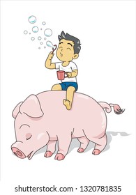 boy blowing bubbles on pig vector illustration isolated cartoon