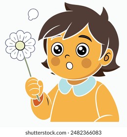 A boy is blowing dandelion seeds into the air.