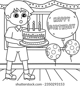 Boy Blowing Happy Birthday Cake Coloring Page