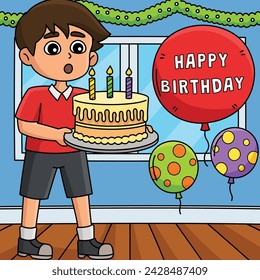 Boy Blowing a Happy Birthday Cake Colored Cartoon 