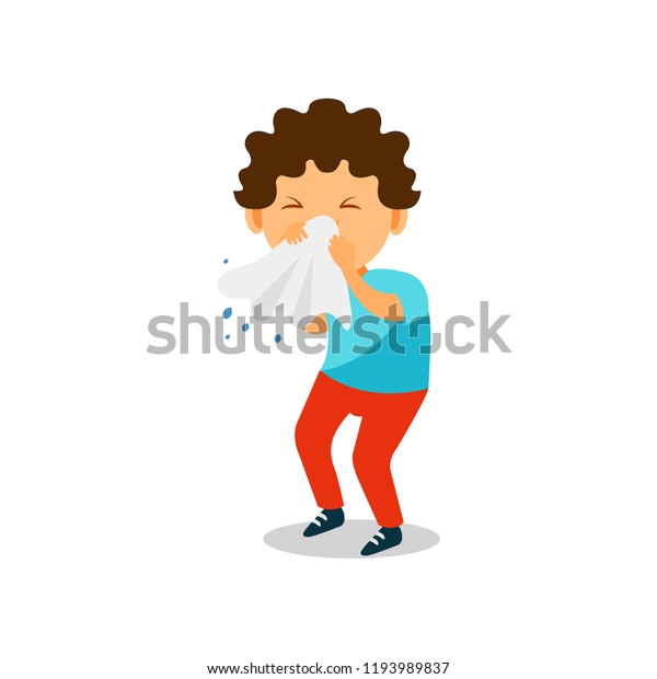 Boy blowing her nose\
with a tissue, kid caught a flu vector Illustration on a white\
background